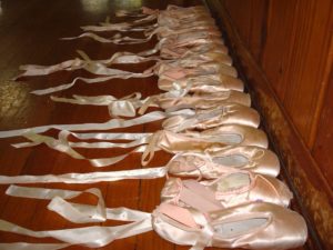 row of pointe shoes